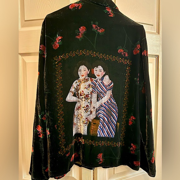 Citron Tops - Citron Silk Asian Lady & Floral Velvet Soft Collared Button Front Shirt